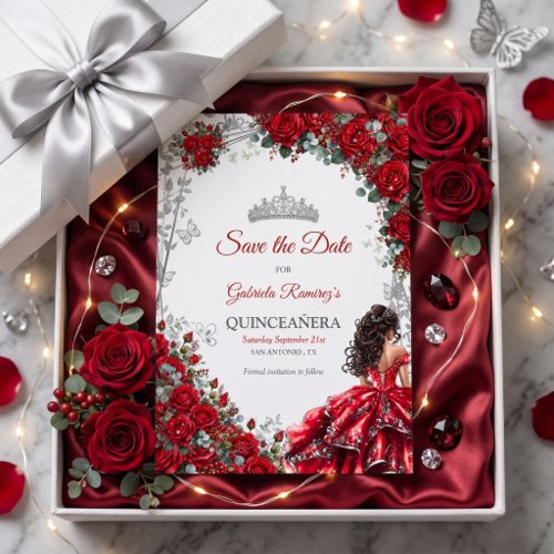 Red Quinceañera Silver Butterflies Save The Date
