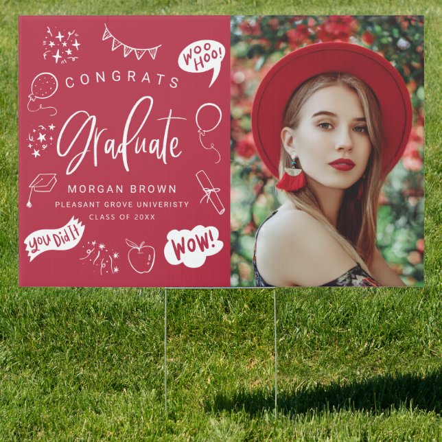Red Quirky Doodle Congrats Graduate Photo  Sign (Insitu)