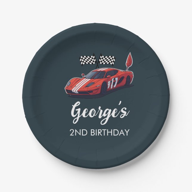Red Race Car 2nd Birthday Paper Plates (Front)