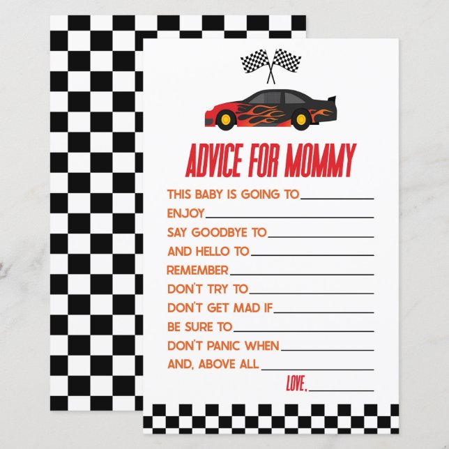 Red Race Car Advice Baby Shower Game Activity (Front/Back)