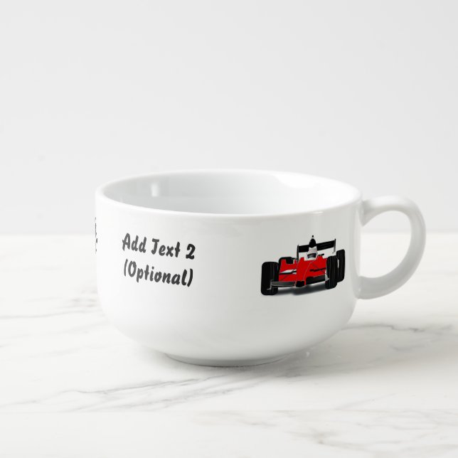 Red Race Car and Checkered Flags Soup Mug (Left)