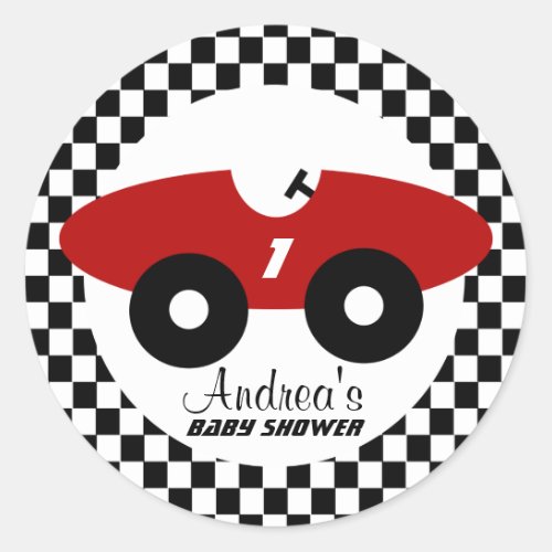 Red Race Car Baby Shower Classic Round Sticker