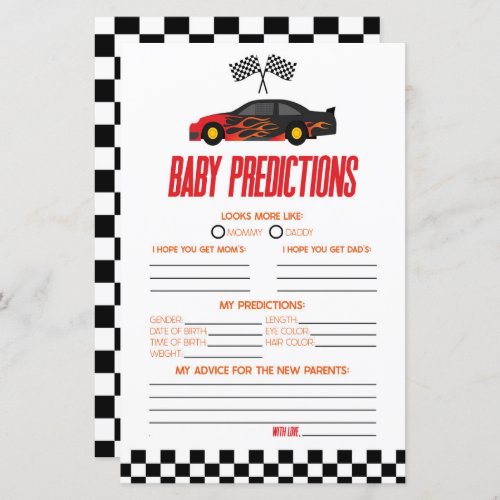 Red Race Car Baby Shower Predictions Game