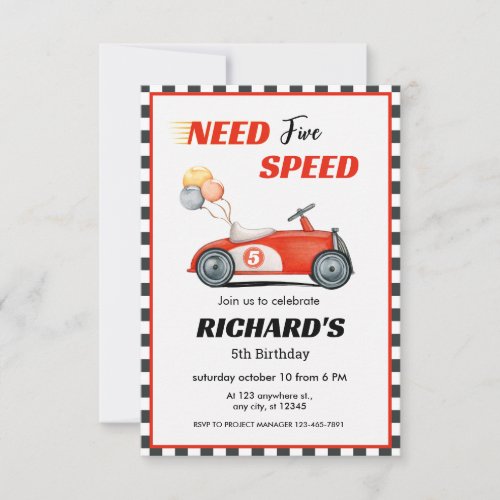 Red Race Car Birthday  Need Five Speed Invitation