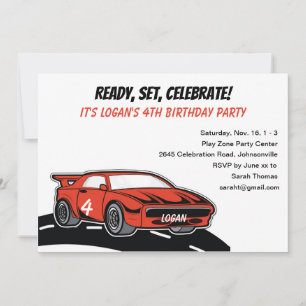 Red Race Car Birthday Party for Four Year Old Boy Invitation