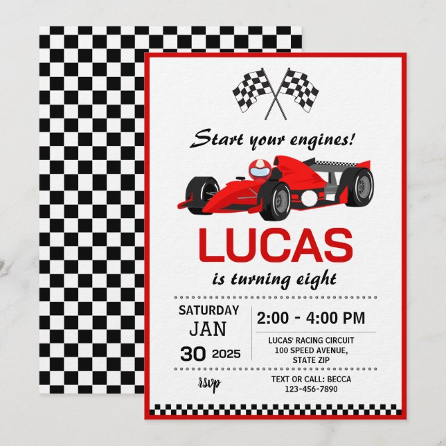 Red Race Car Birthday Party Invitation (Front/Back)
