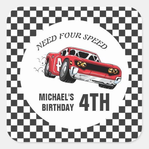 Red Race Car Birthday Party Invitation Square Sticker
