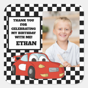 Red Race Car Birthday Party Photo Thank You Square Sticker