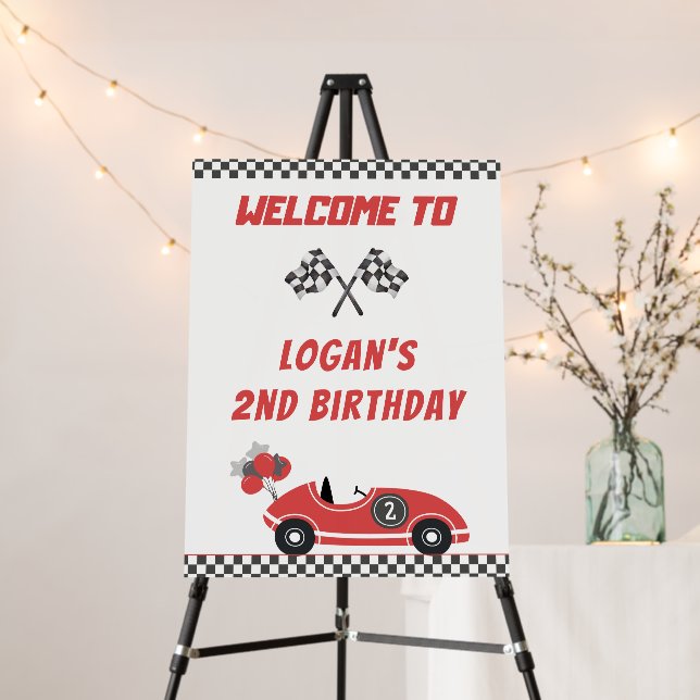 Red Race Car Birthday Party Welcome Sign (In Situ (Stand))