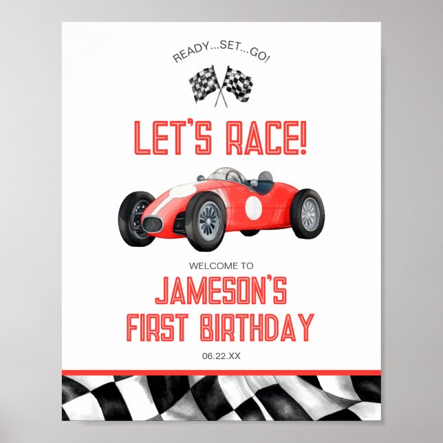Red Race Car Birthday Party Welcome Sign (Front)