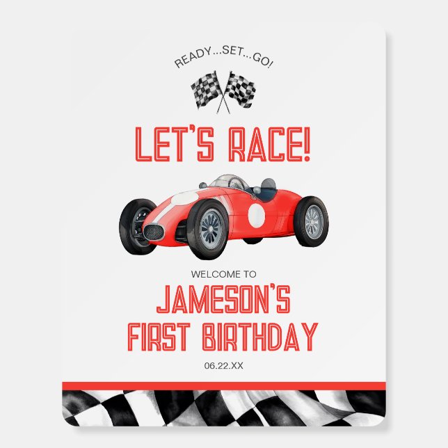 Red Race Car Birthday Party Welcome Sign (Front)