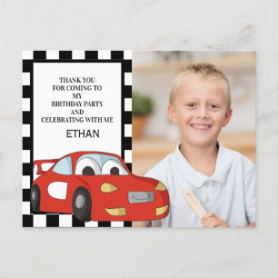 Red Race Car Black White Birthday Photo Thank You Postcard