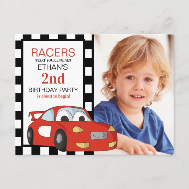 Red Race Car Black White Checkered 2nd Birthday  Postcard (Front)