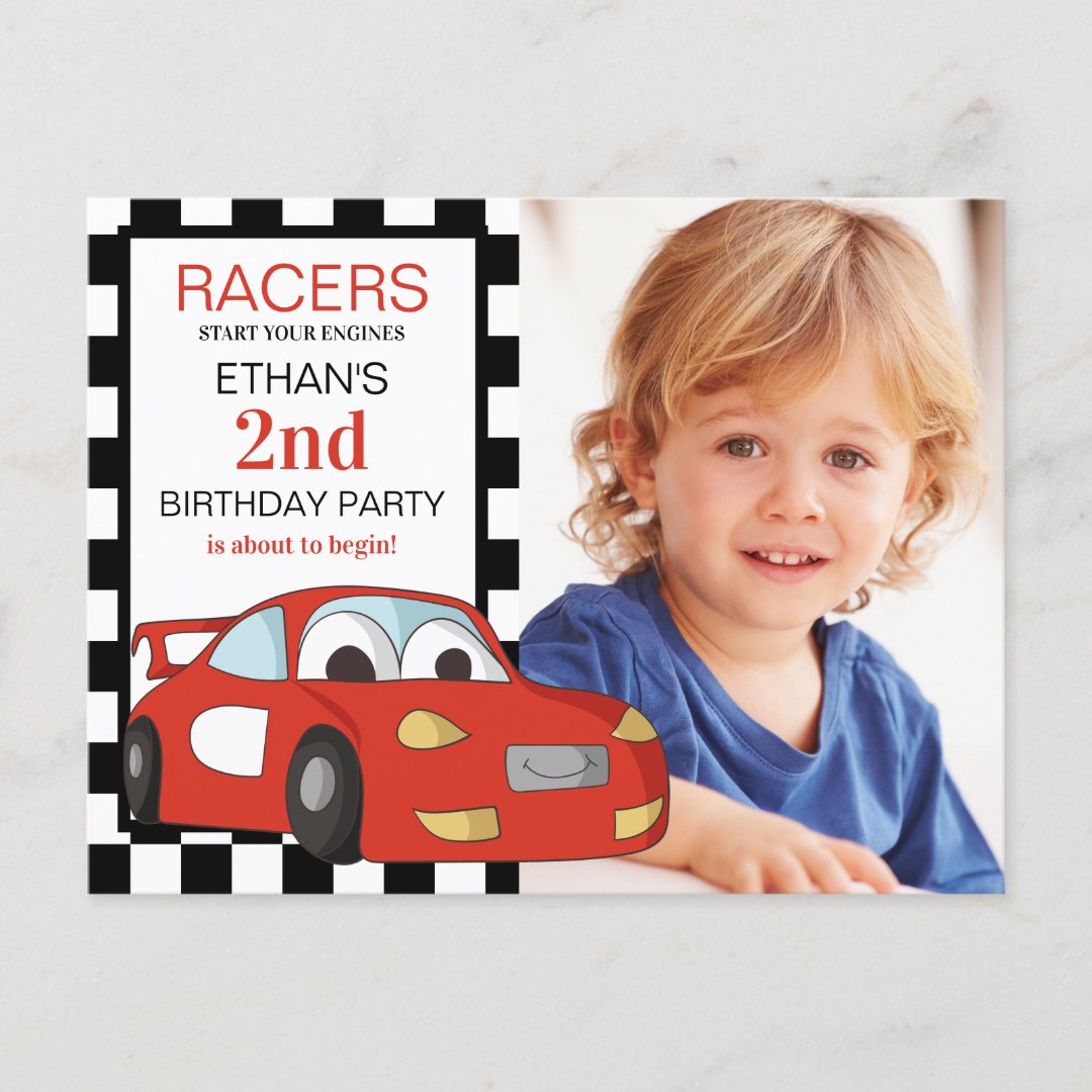 Red Race Car Black White Checkered 2nd Birthday Postcard | Zazzle