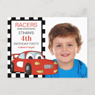 Red Race Car Black White Checkered 4th Birthday Postcard