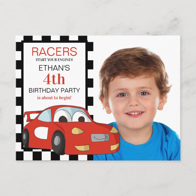 Red Race Car Black White Checkered 4th Birthday Postcard (Front)