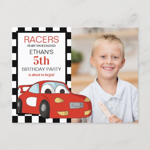 Red Race Car Black White Checkered 5th Birthday Postcard