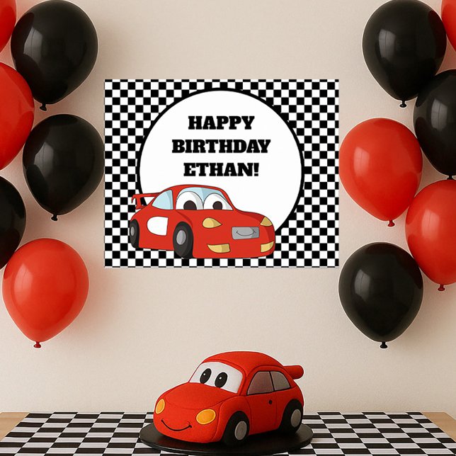 Red Race Car Black White Checkered Birthday Party Poster (Red race car birthday party poster)