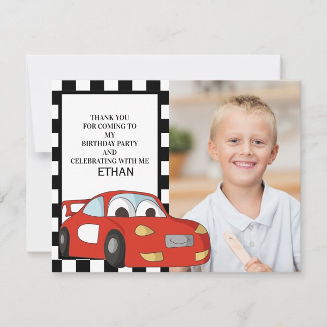 Red Race Car Black White Checkered Birthday Thank Holiday Card (Front)