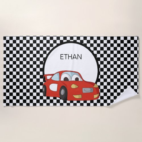 Red Race Car Black White Checkered Childs Beach Towel