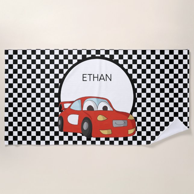 Red Race Car Black White Checkered Child's Beach Towel (Front)