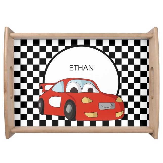 Red Race Car Black White Checkered Child's   Serving Tray (Front)