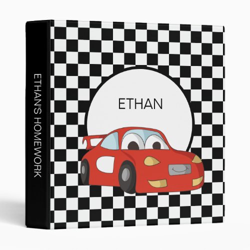 Red Race Car Black White Checkered Flag Childs 3 Ring Binder