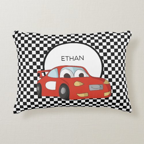 Red Race Car Black White Checkered Flag Childs  Accent Pillow