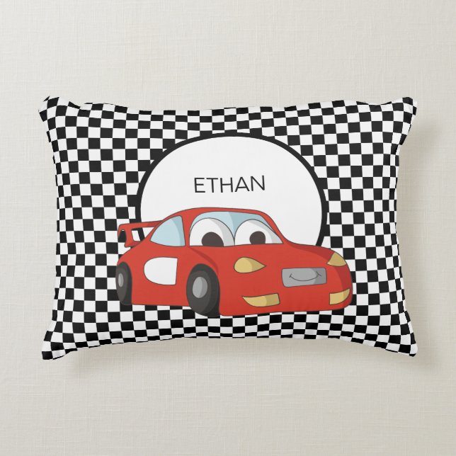 Red Race Car Black White Checkered Flag Child's  Accent Pillow (Front)