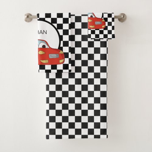Red Race Car Black White Checkered Flag Childs   Bath Towel Set