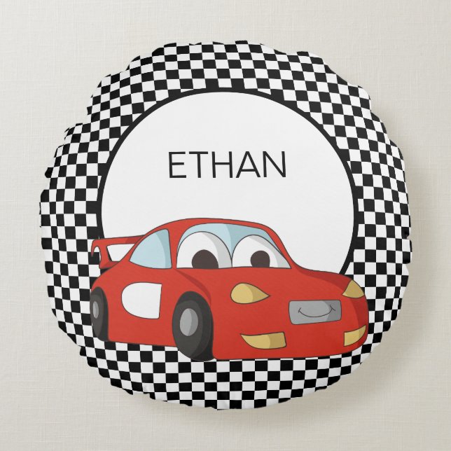 Red Race Car Black White Checkered Flag Child's  Round Pillow (Front)
