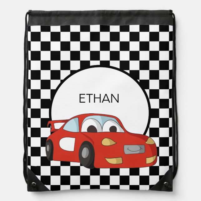 Red Race Car Black White Checkered Flag Name Drawstring Bag (Front)