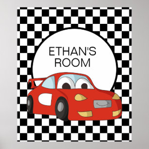 Red Race Car Black White Checkered Flag Name Poster