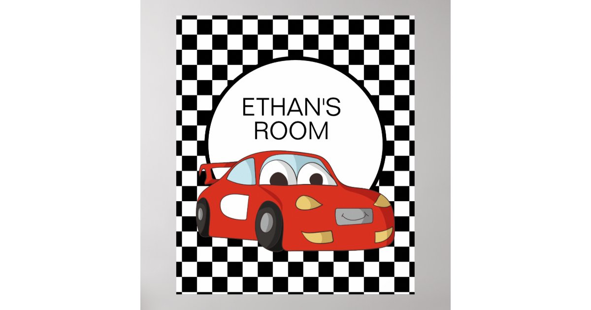Red Race Car Black White Checkered Flag Name Poster | Zazzle Red Race Car Black White Checkered Flag Name Poster | Zazzle