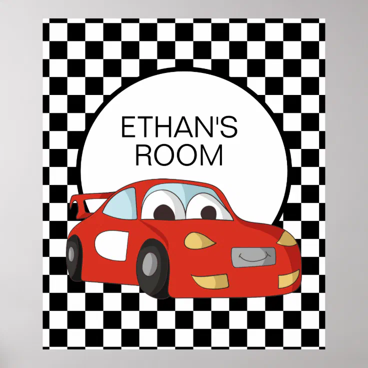 Red Race Car Black White Checkered Flag Name Poster | Zazzle Red Race Car Black White Checkered Flag Name Poster | Zazzle