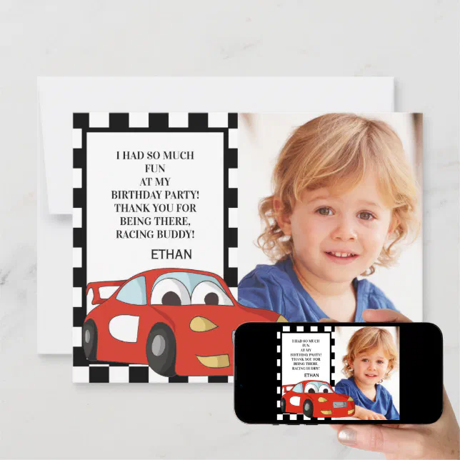 Red Race Car Black White Photo Birthday Thank You Holiday Card Zazzle