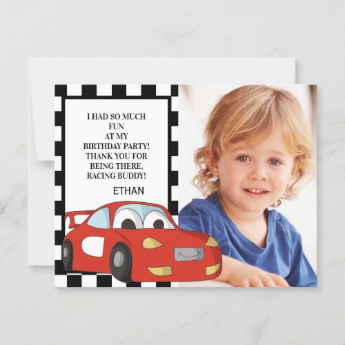 Red Race Car Black White Photo Birthday Thank You Holiday Card