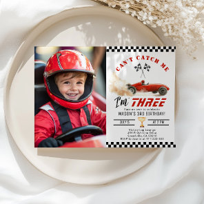 Red Race car Cant catch me Boy Photo 3rd Birthday Invitation