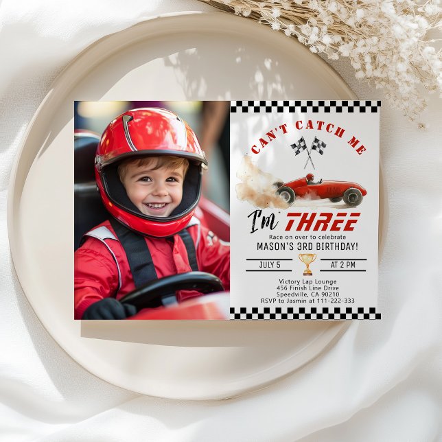Red Race car Cant catch me Boy Photo 3rd Birthday Invitation (Creator Uploaded)