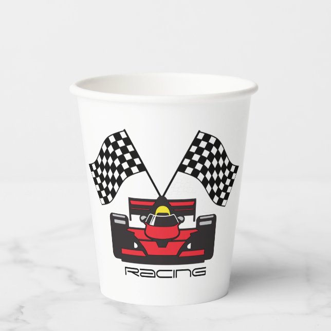 Red Race Car Checkered Flag Design Paper Cup (Front)