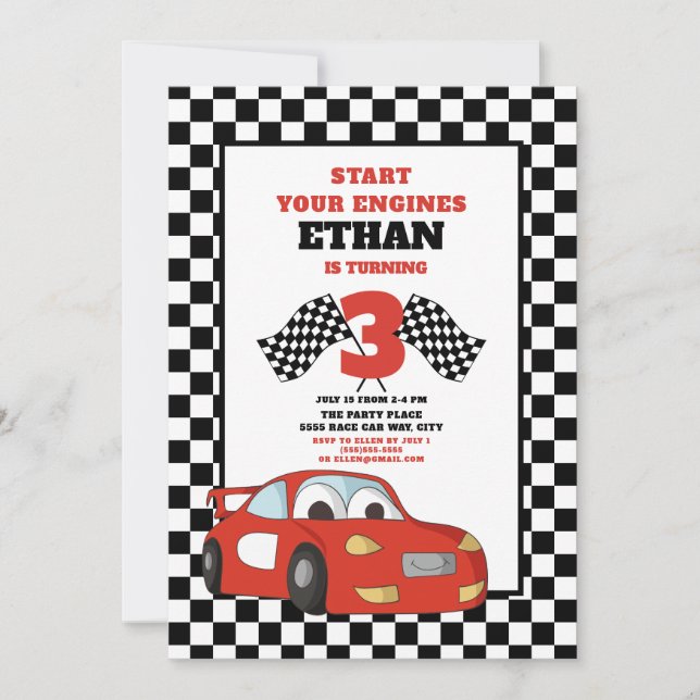 Red Race Car Child's 3rd Birthday Invitation (Front)