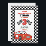 Red Race Car Child's 3rd Birthday Invitation<br><div class="desc">Child's race car 3rd birthday party invitation with a bright red car and two black and white checkered flags on a black and white checkered background Text says, "Start your engines" and includes the birthday child's name, date, location of the party and rsvp information. This card is designed for a...</div>