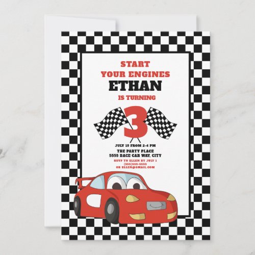 Red Race Car Childs 3rd Birthday Invitation