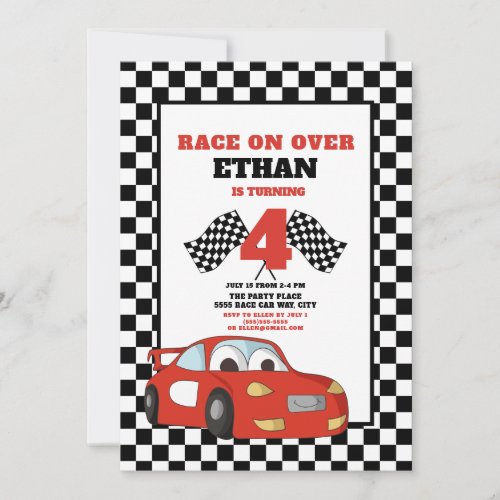 Red Race Car Childs 4th Race Over Birthday Invitation