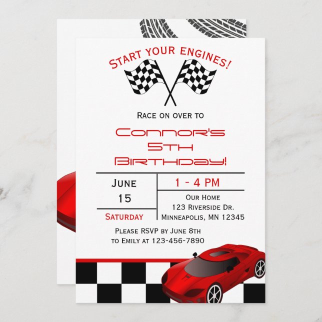 Red Race Car | Custom Kids Birthday Invitation (Front/Back)