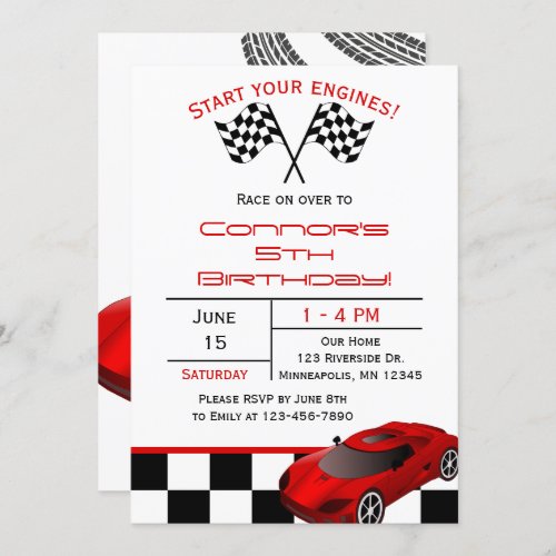 Red Race Car  Custom Kids Birthday Invitation