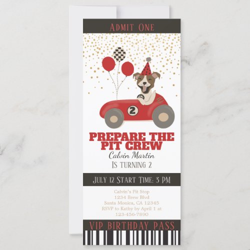 Red Race Car Dog Boys 2nd Birthday Party Ticket 