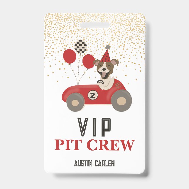 Red Race Car Dog Boys Birthday Party VIP Badge (Front)