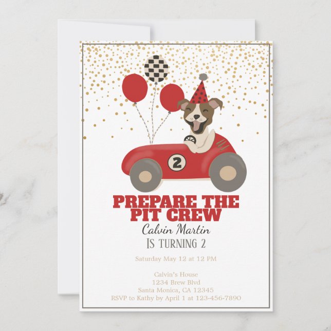 Red Race Car Dog Boys Second Birthday Party Invitation (Front)