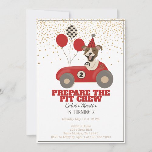 Red Race Car Dog Boys Second Birthday Party Invitation